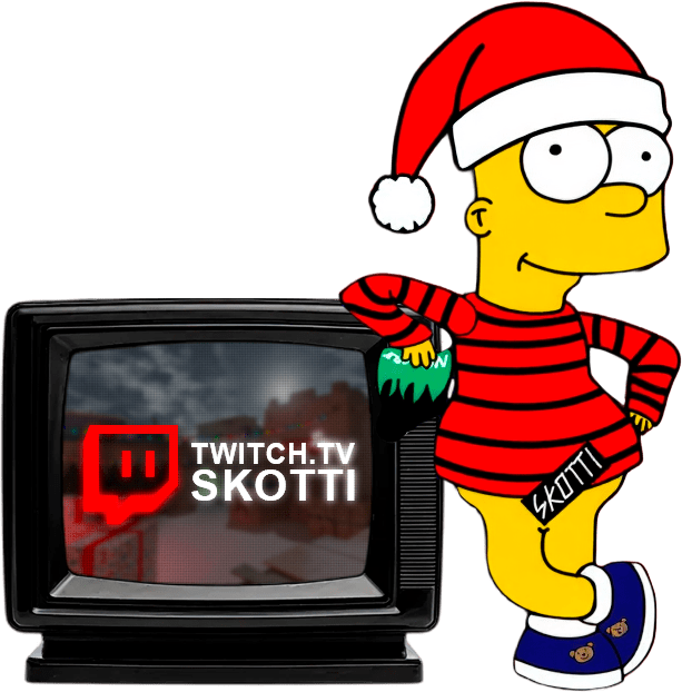 Skotti-hahmo joulupuvussa vanhan TV:n vieressä, jossa lukee Twitch.tv Skotti